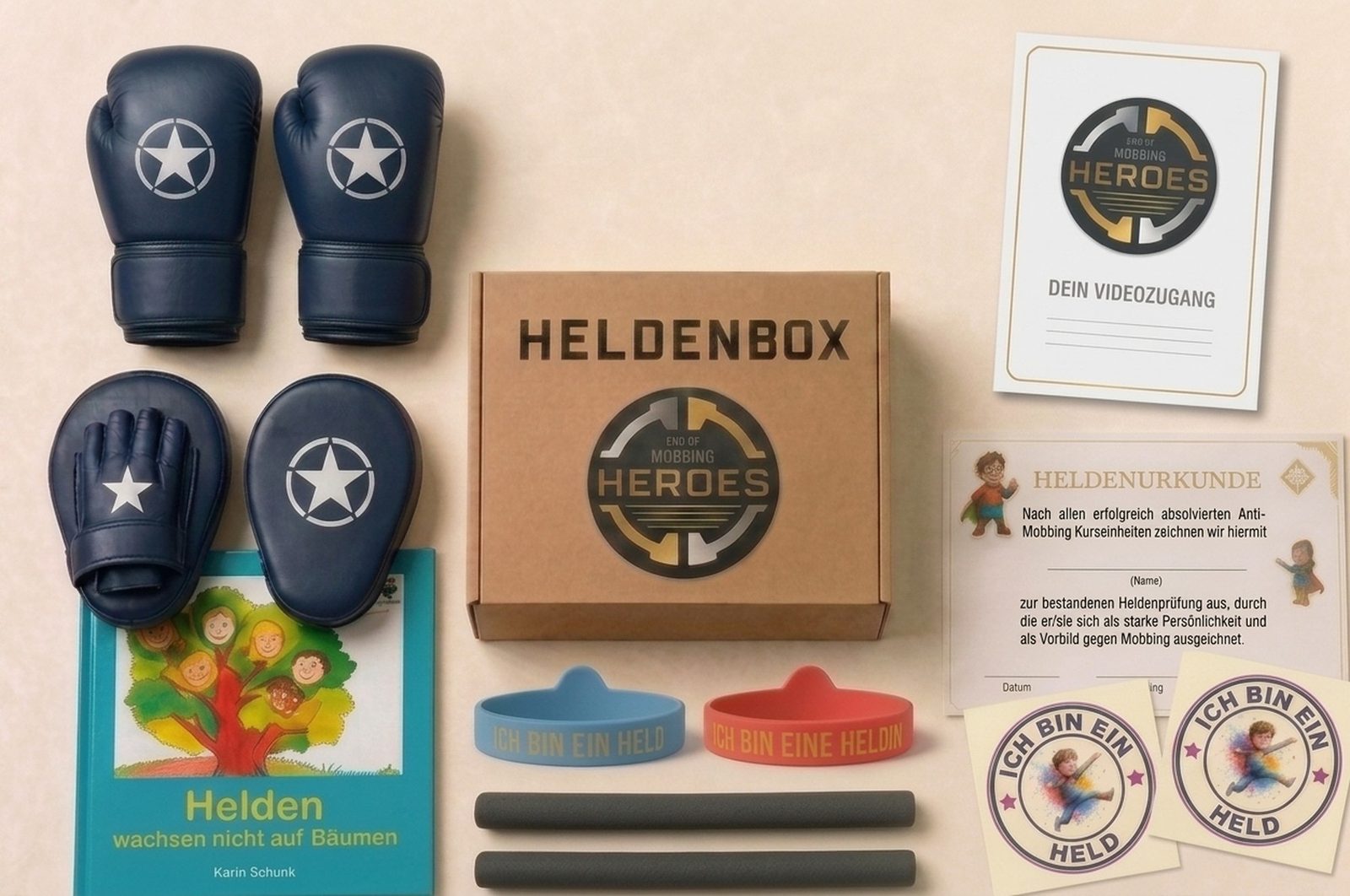Der komplette Inhalt der Heldenbox von oben: marineblaue Boxhandschuhe und Pratzen, zwei Trainingssticks, Heldenbuch, Urkunde, Heldenarmbänder in Blau und Rot, zwei Tattoos sowie die Karte für den Videozugang