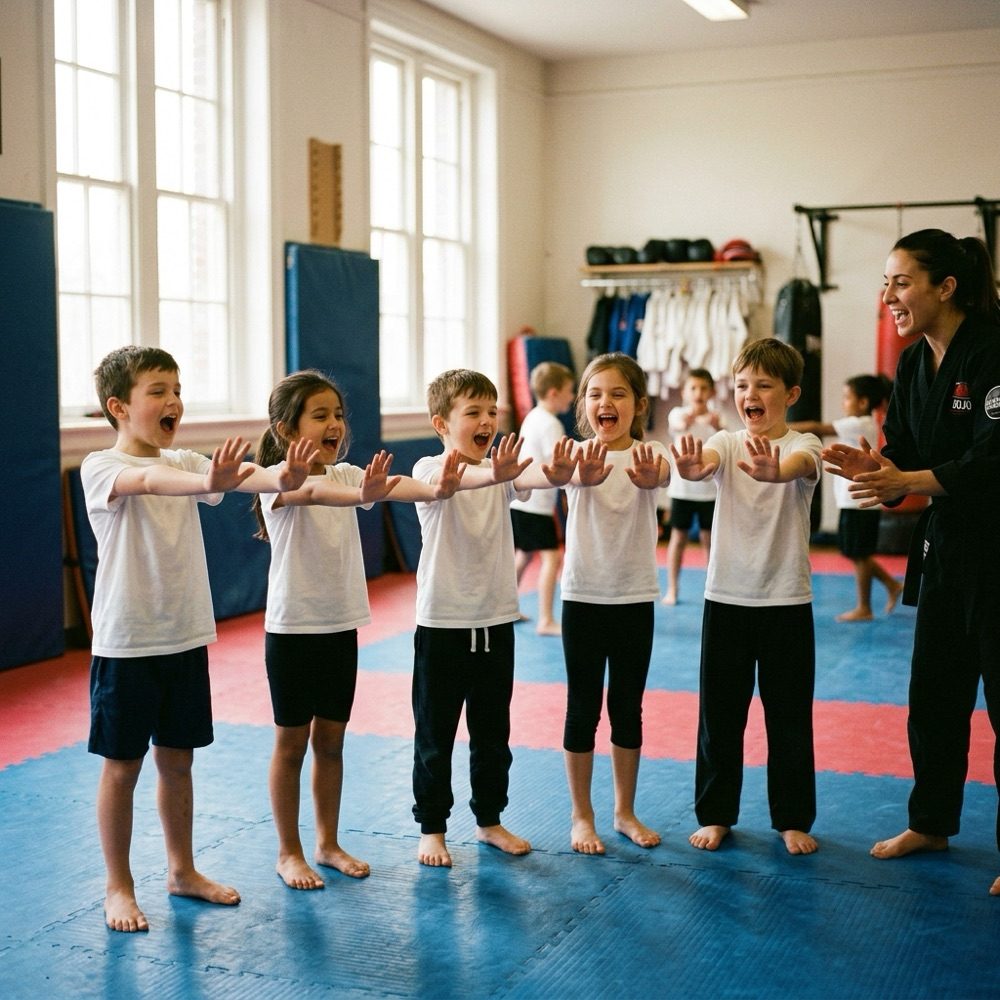 Eine Gruppe Kinder streckt gemeinsam die Hand aus und ruft laut Stopp, die Trainerin leitet an