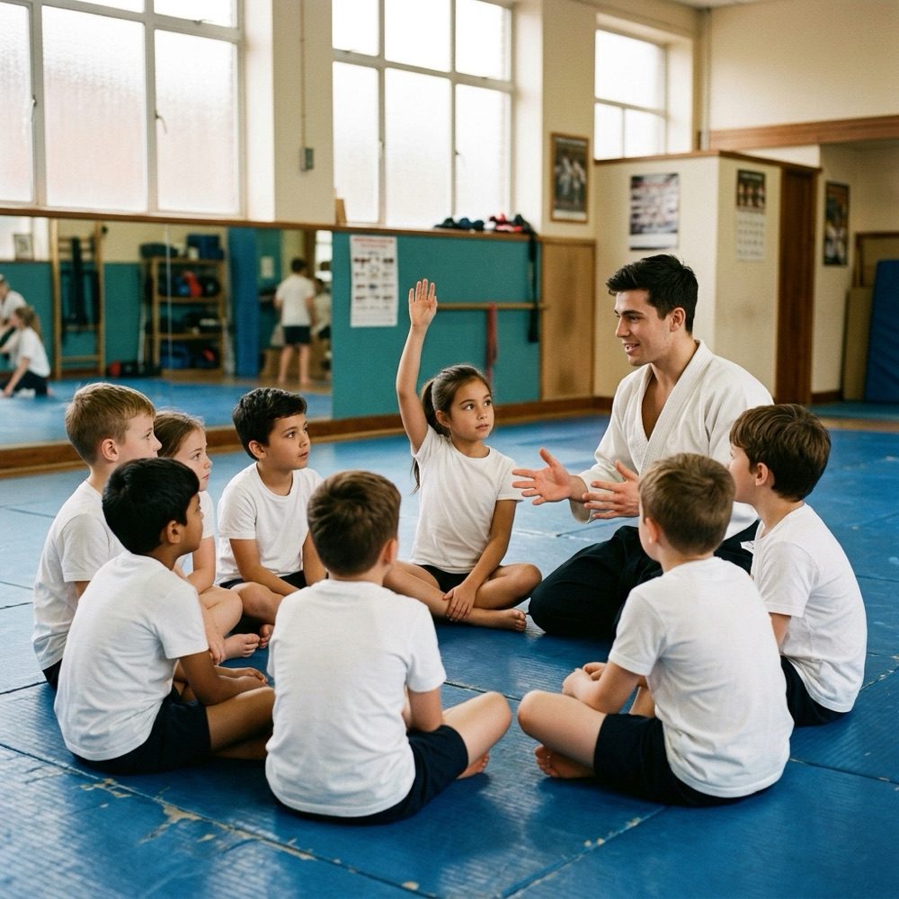 Kinder sitzen im Kreis auf der Matte, ein Kind meldet sich, der Trainer erklärt