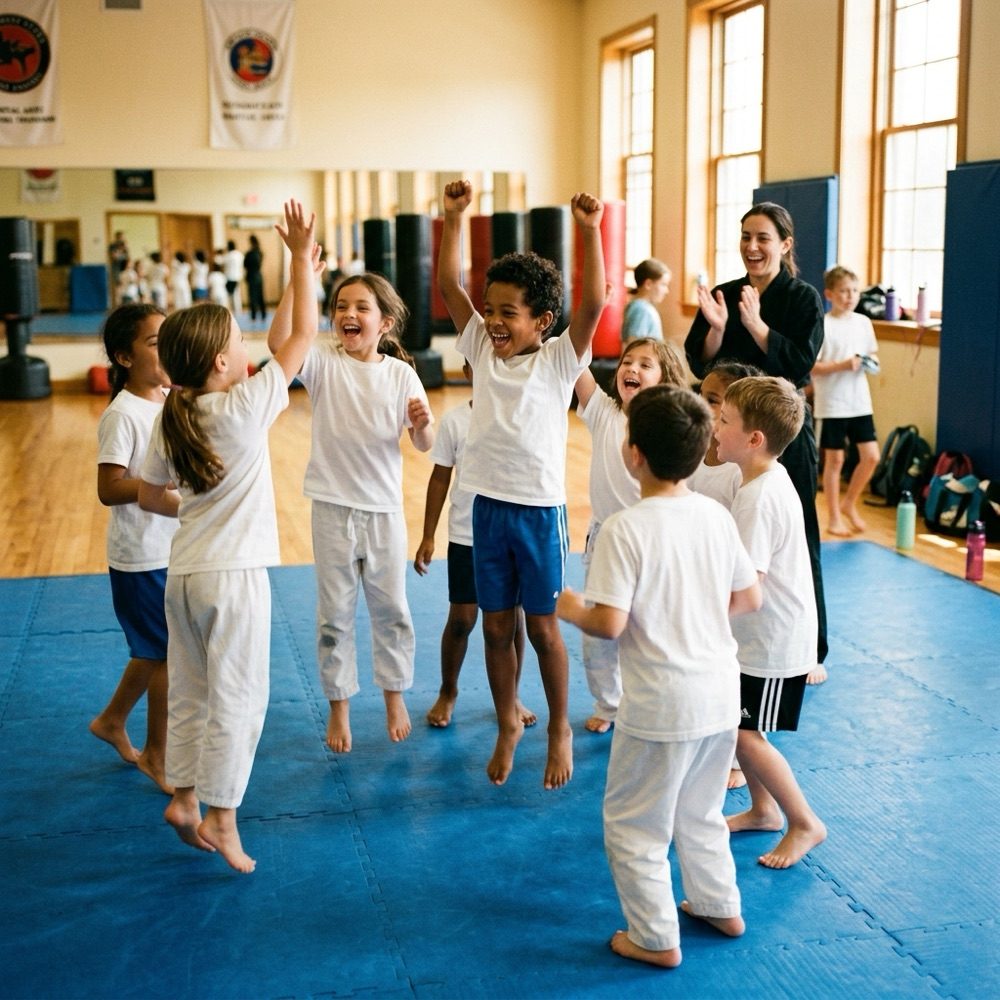 Kinder jubeln nach dem Training, klatschen ab und recken die Fäuste in die Luft