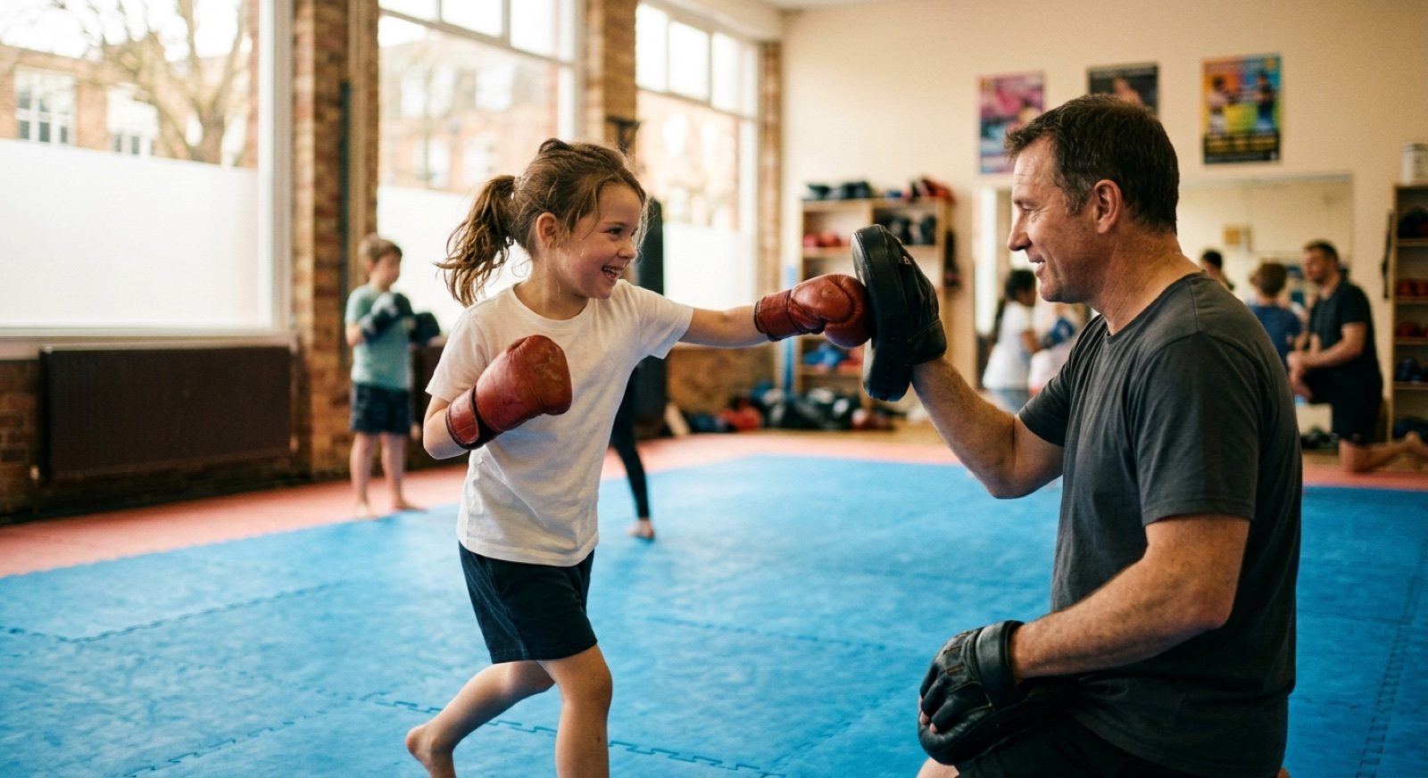 Ein Mädchen mit roten Boxhandschuhen schlägt lachend auf die Pratze des Trainers, der auf Augenhöhe kniet