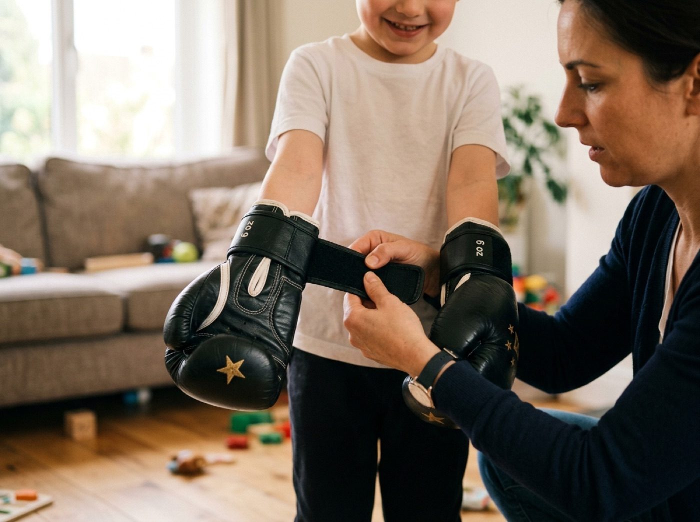 Ein Elternteil zieht dem Kind die schwarzen Boxhandschuhe in Kindergröße aus der Heldenbox fest