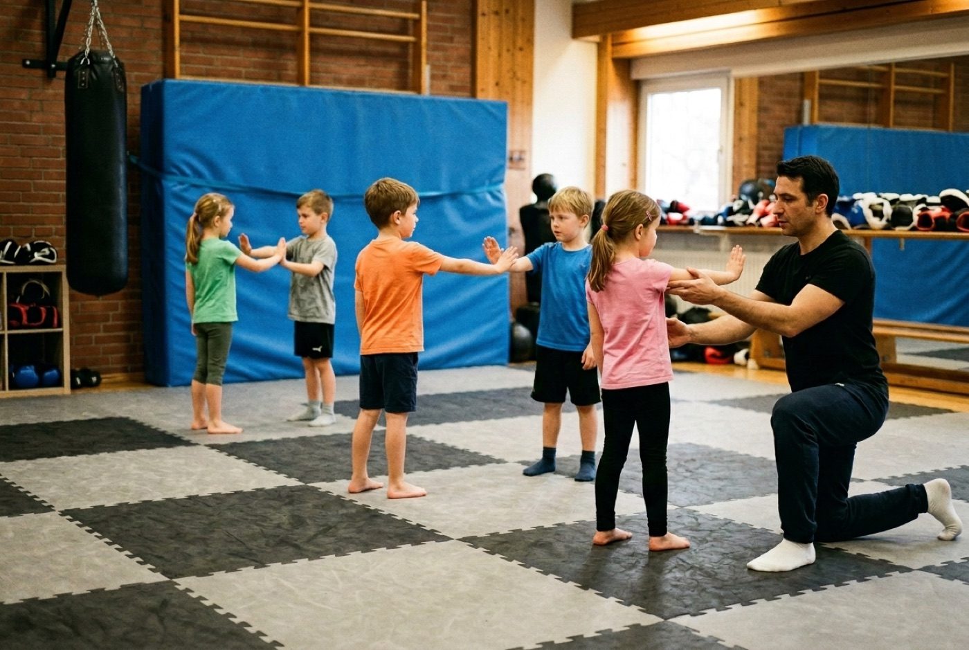 Kindertraining in der Kampfsportschule: Kinder üben paarweise die Stopp-Geste, der Trainer korrigiert die Haltung