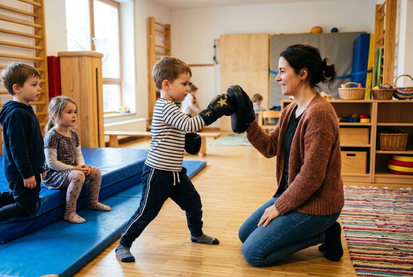 Ein Kind übt mit kleinen Boxhandschuhen an der Pratze der Erzieherin, an der blauen Matte im Kita-Bewegungsraum