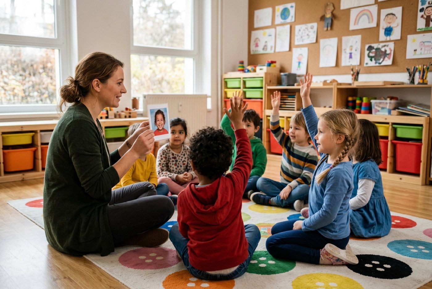 Im Sitzkreis melden sich die Kinder eifrig, die Erzieherin zeigt eine Gefühle-Bildkarte