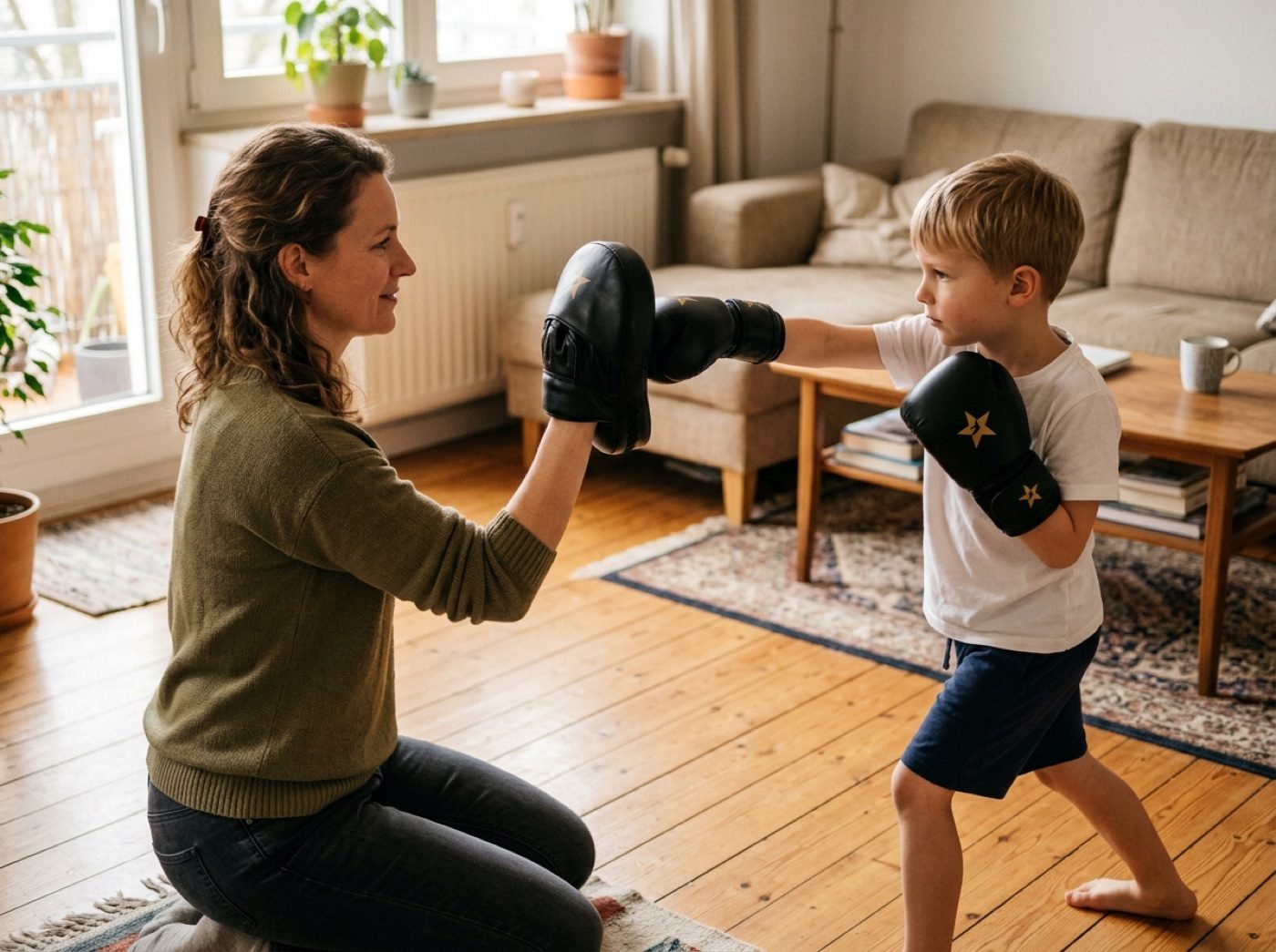 Ein Elternteil hält die Handpratze, das Kind schlägt mit den Boxhandschuhen aus der Heldenbox darauf
