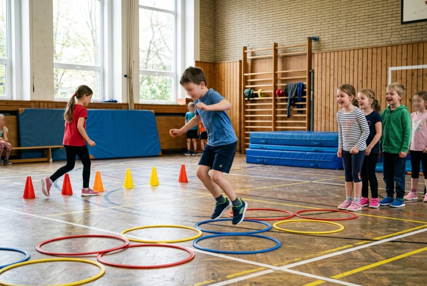 Kinder durchlaufen einen Parcours aus Reifen und Hütchen in der Turnhalle