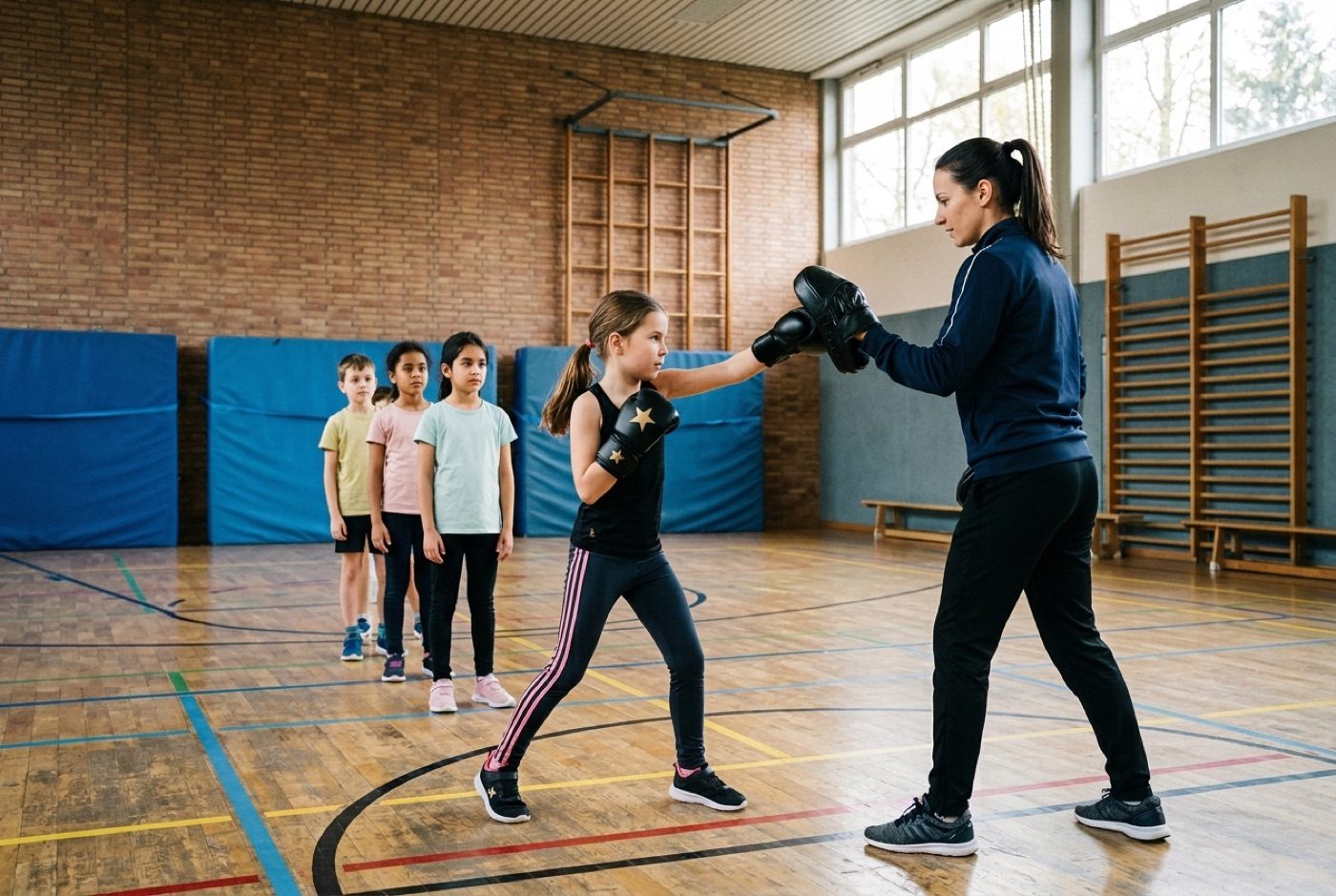 Eine Sportlehrerin hält die Pratze, ein Kind schlägt mit Boxhandschuhen darauf, die Klasse schaut zu