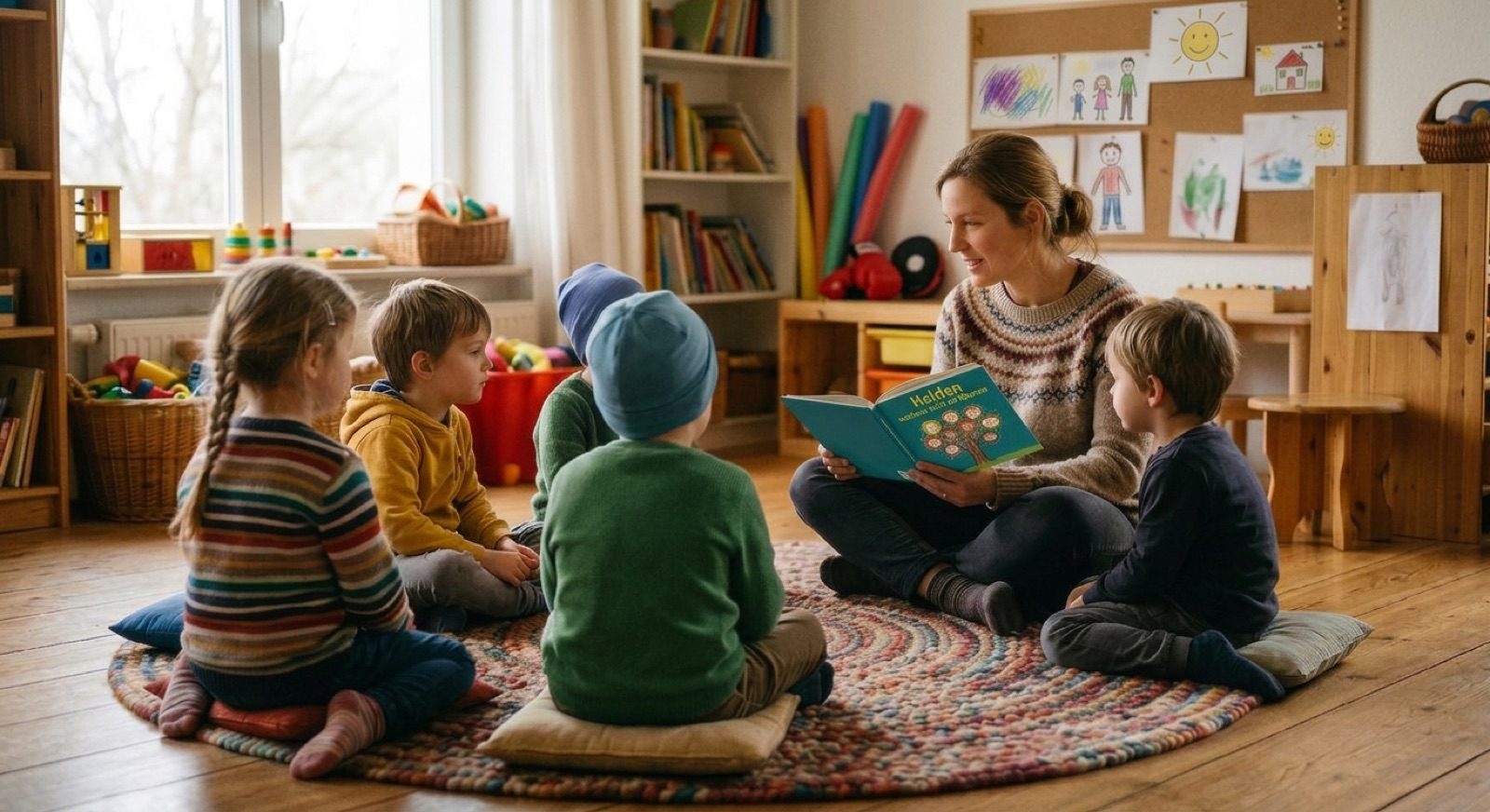 Erzieherin liest Kindern im Sitzkreis aus dem Buch &bdquo;Helden wachsen nicht auf Bäumen&ldquo; vor, im Hintergrund Boxhandschuhe und Schwimmnudeln
