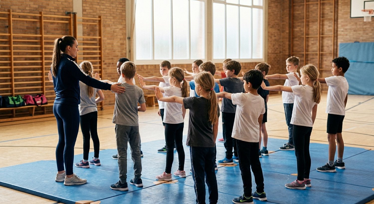 Schulklasse übt die Stopp-Geste in der Turnhalle